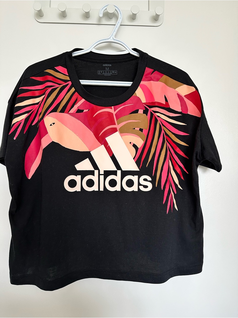 adidas Black Tee with Pink Tropical Toucan Graphic